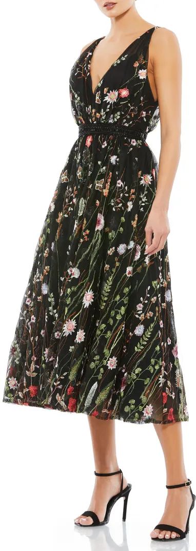 Floral Embroidered Mesh Midi Cocktail Dress | Nordstrom