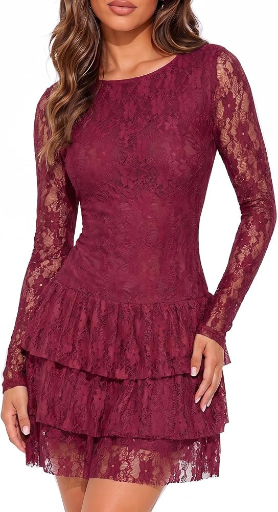 Wenrine Womens Long Sleeve Mini Dress Sexy Lace Tiered Ruffle Party Dresses | Amazon (US)