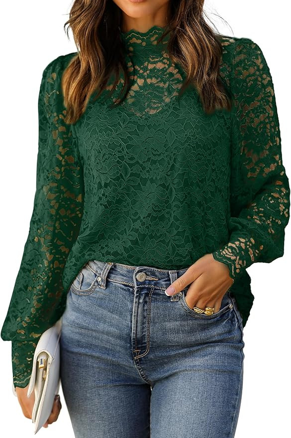 HOTOUCH Womens Lace Tops Floral Long Sleeve Mock Neck Casual Dressy Blouses Shirt with Separable ... | Amazon (US)