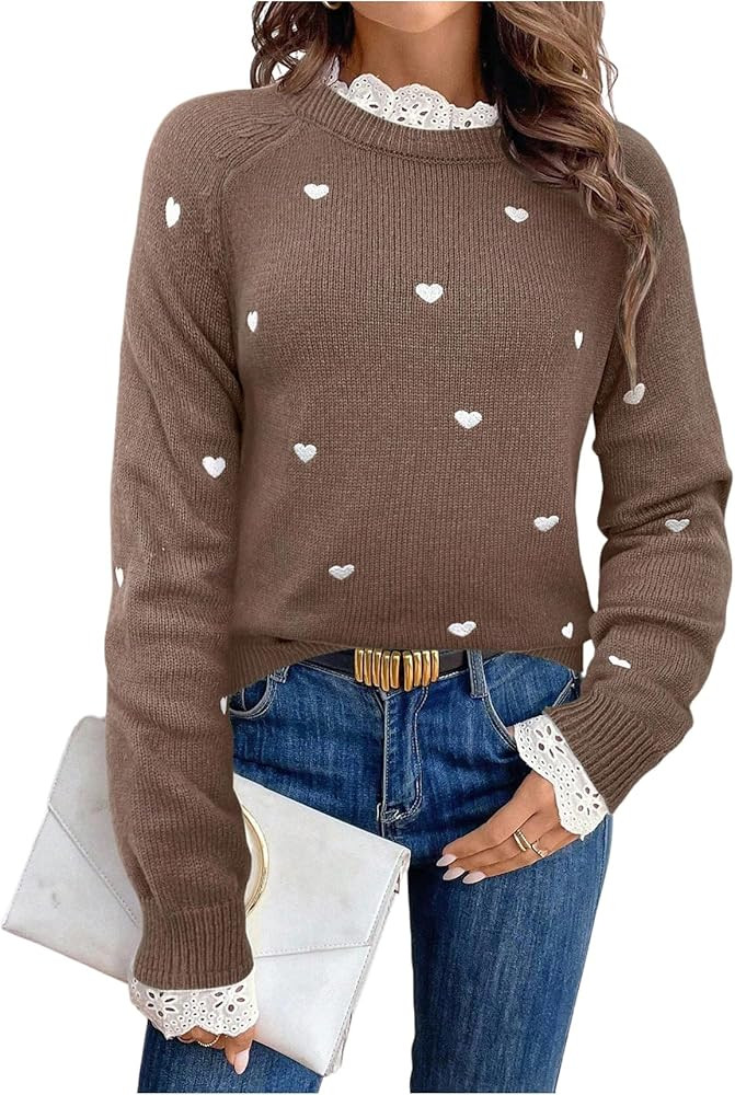 GORGLITTER Women's Heart Lace Cute Cozy Pullover Sweater 2025 Long Sleeve Trendy Knitwear Valenti... | Amazon (US)