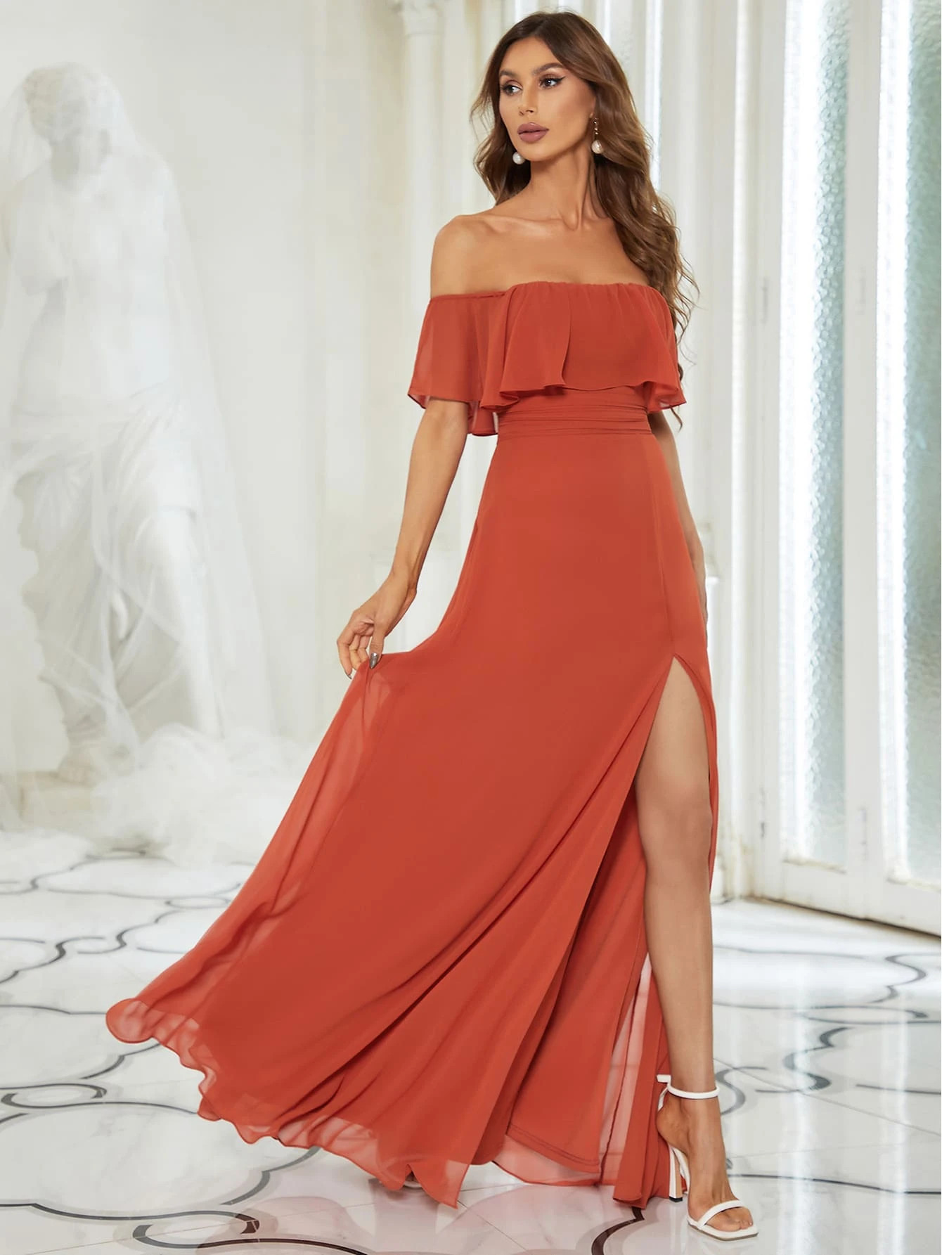 EVER-PRETTY Solid Split Thigh Ruffle Trim Off Shoulder Dress | SHEIN