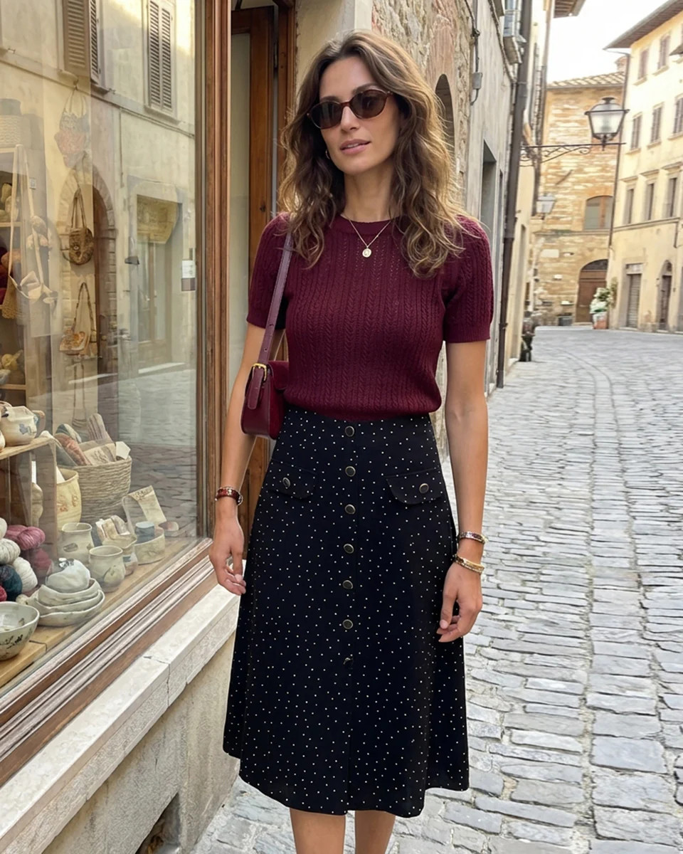 Black Polka Dot Midi Skirt | rihoas.com