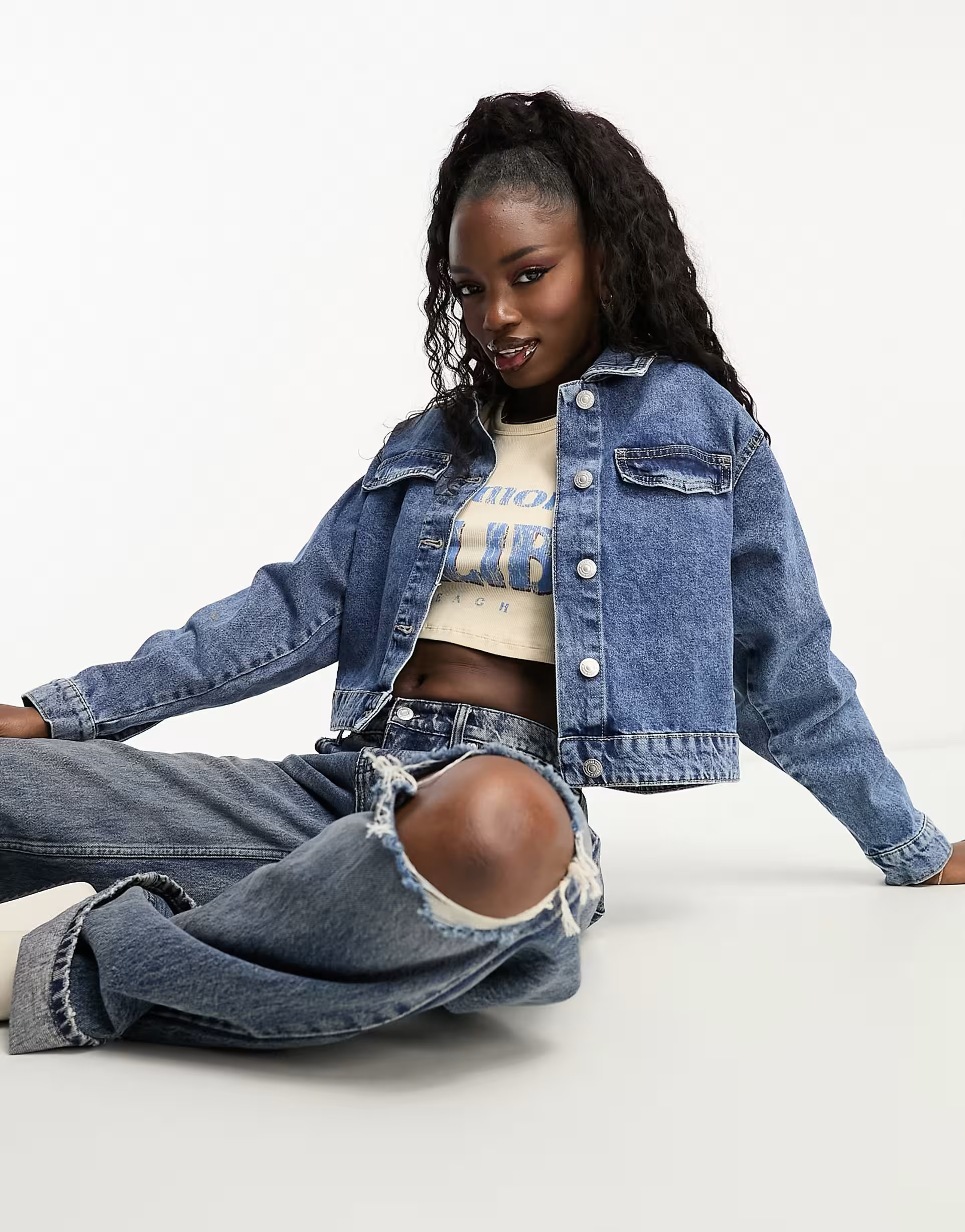 Pieces cropped denim jacket in blue | ASOS (Global)