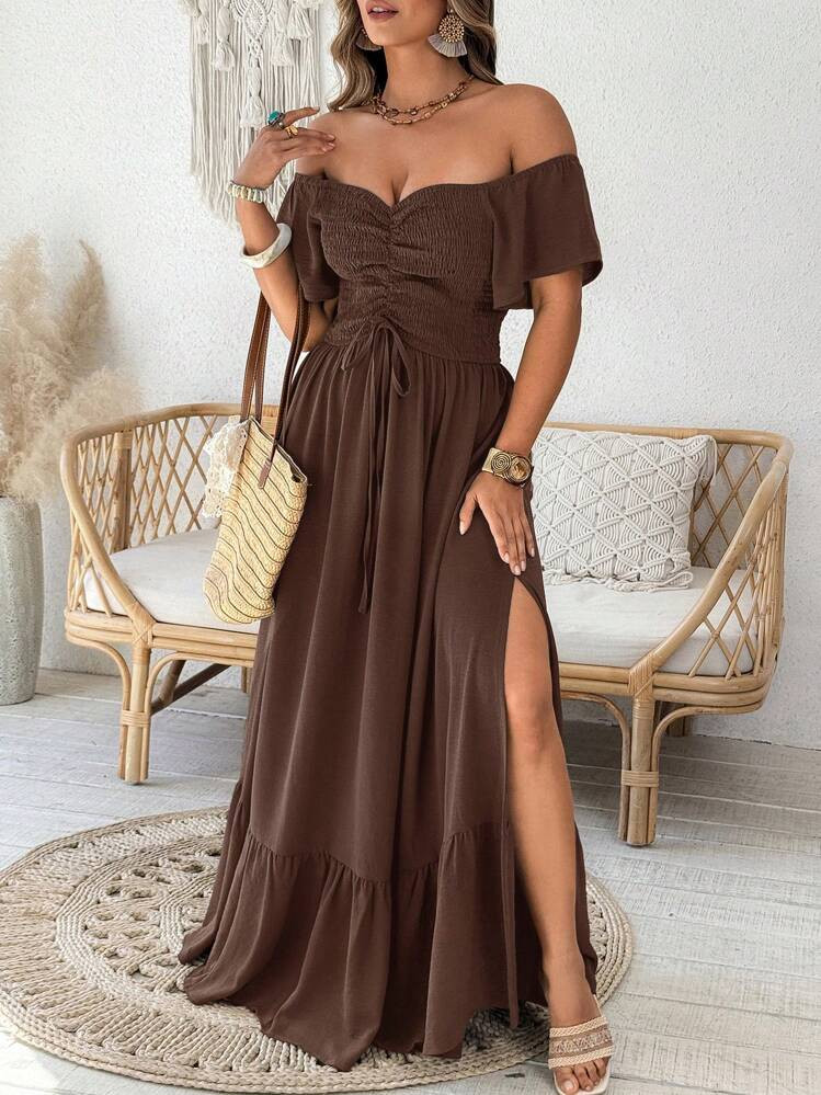 Breezaya Plus Size Women Elegant Off Shoulder Ruffle Waist-Tie A-Line Long Dress, Spring/Summer | SHEIN