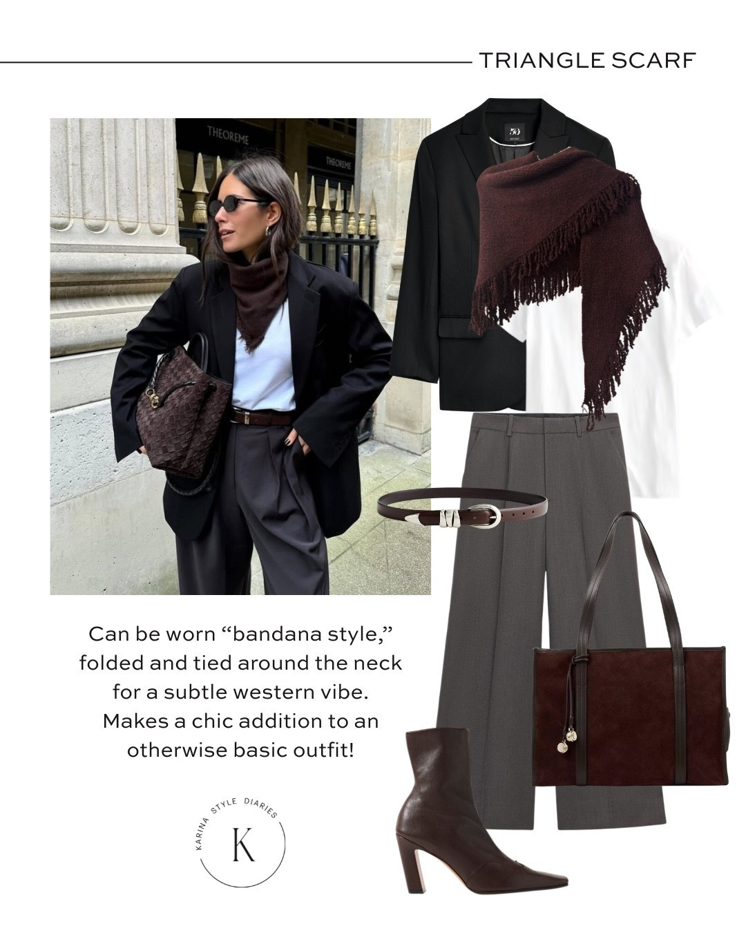 Your weekly trend report! Brown fringed triangle scarf styled with wide leg pants, white cotton tee, suede bag, leather belt, brown booties, and black blazer

#LTKootd #LTKSaleAlert #LTKWorkwear