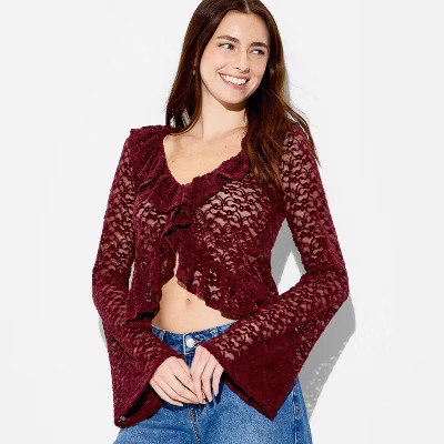 Women's Long Sleeve V-Neck Flyaway Brushed Lace Top - Wild Fable™ | Target