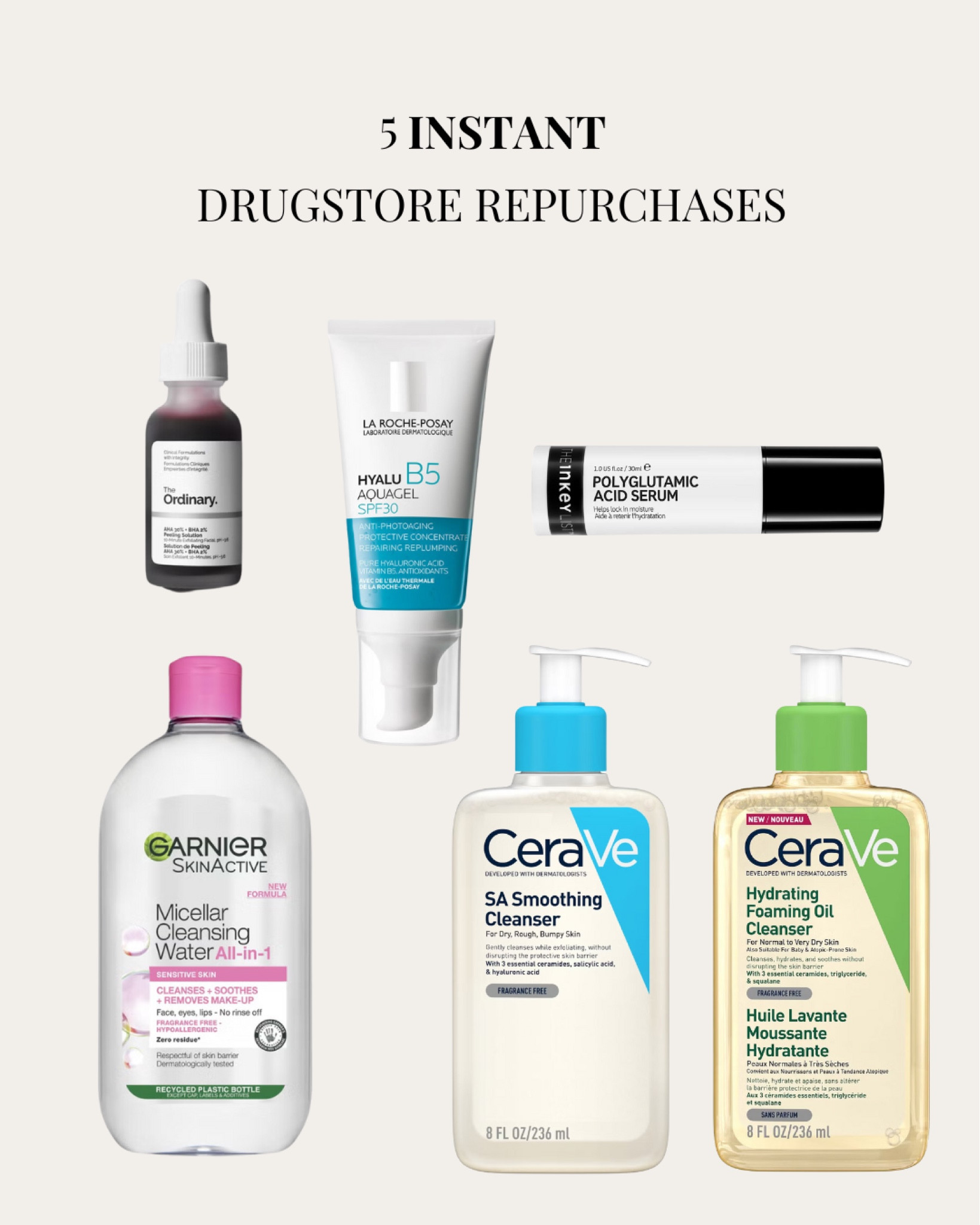 5 Instant Drugstore Repurchases- these are the products I purchase again and again! 👏🏼

Drugstore Skincare The Ordinary Garnier CeraVe 

#LTKwinter #LTKuk #LTKbeauty