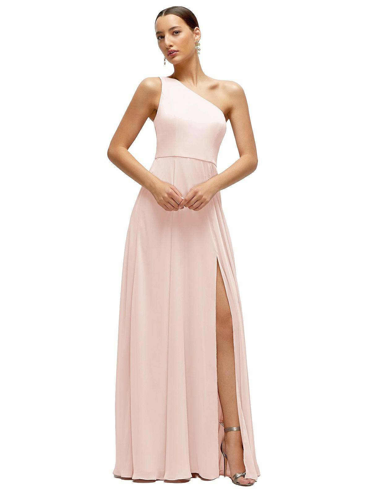 Chiffon One-Shoulder Maxi Dress with Circle Skirt in Blush | The Dessy Group