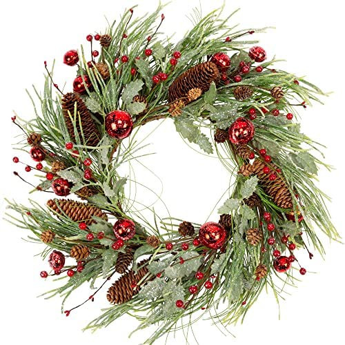 VGIA 20 Inch Artificial Christmas Wreath for Front Door Winter Wreath with Red Jingle Bells and B... | Amazon (US)
