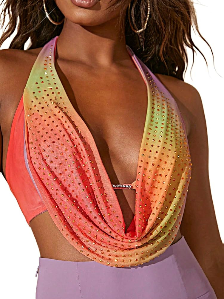 MakeMeChic Women's Rhinestone Sparkly Halter Crop Tops Ombre Tie Backless Draped Front Y2k Tank | Amazon (US)