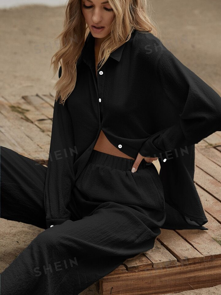 SHEIN Essnce Slit Hem Longline Blouse & Wide Leg Pants Set | SHEIN