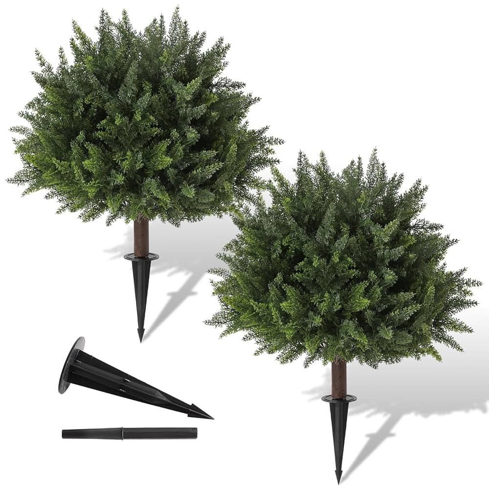 2 Pack Artificial Cedar Topiary, 23.6Inch UV Resistant Artificial Shrubs, with Ground Spikes, Ind... | Amazon (US)