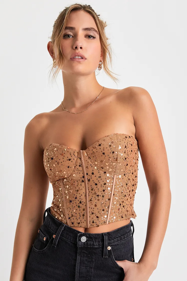 Sultry Radiance Tan Sequin Strapless Bustier Crop Top | Lulus (US)