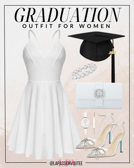 Radiate confidence in this timeless graduation ensemble. A spaghetti strap fit and flare dress exudes feminine elegance, while a bracelet and watch add subtle sophistication. Pair with a chic clutch bag and classic pumps for a polished finish, ready to make your mark as you step into the future.

#LTKSeasonal #LTKstyletip #LTKfindsunder100