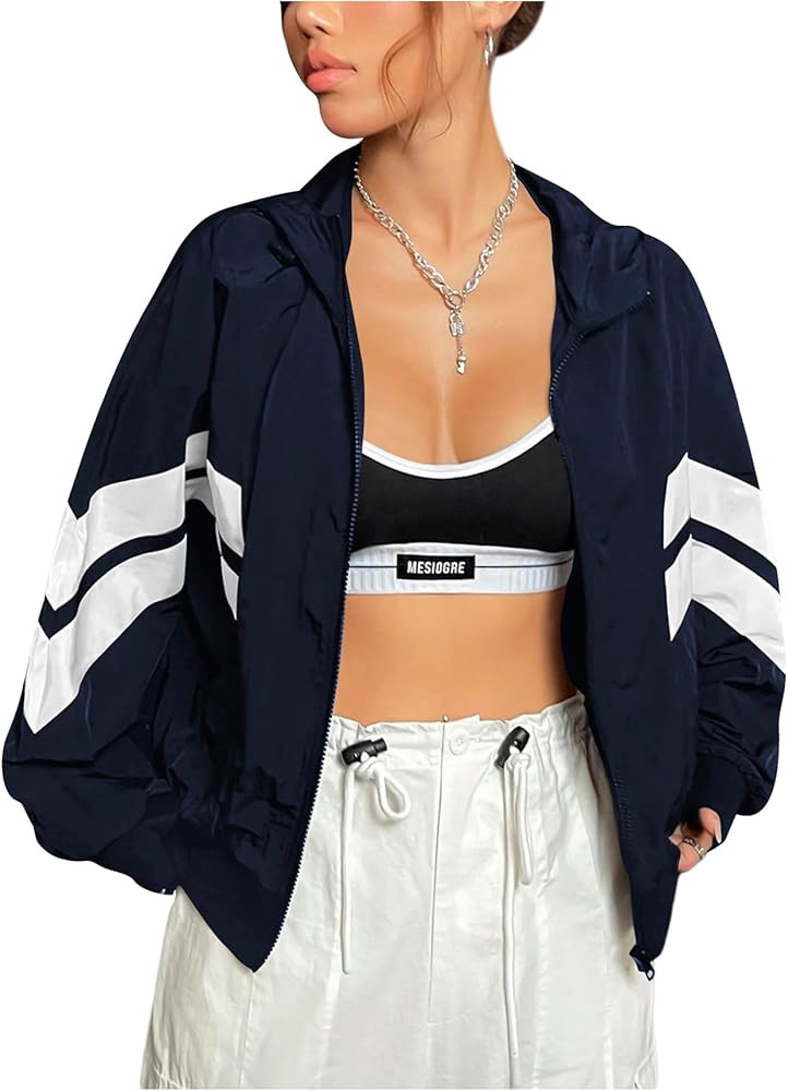 Verdusa Women's Color Block Zip Up Hooded Jacket Outerwear Loose Windbreaker Jackets | Amazon (US)