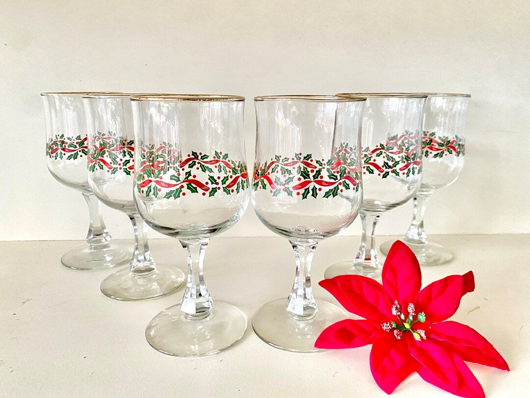 Vtg Libbey Holly Berries Christmas Water Goblets Greenery W - Etsy | Etsy (US)