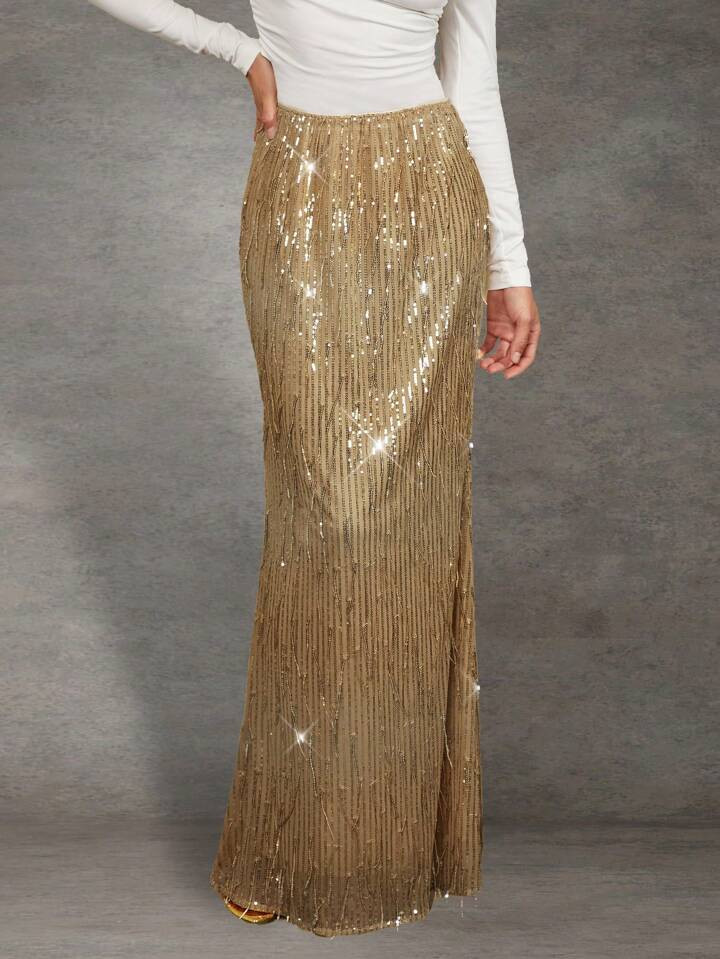 Forever 21 Valentine's Day Women's Party New Year's Eve Golden Gradient Beaded Fringe Long Skirt | SHEIN