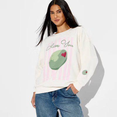Women's Olive Fleece Graphic Pullover Sweatshirt - Cream L | Target