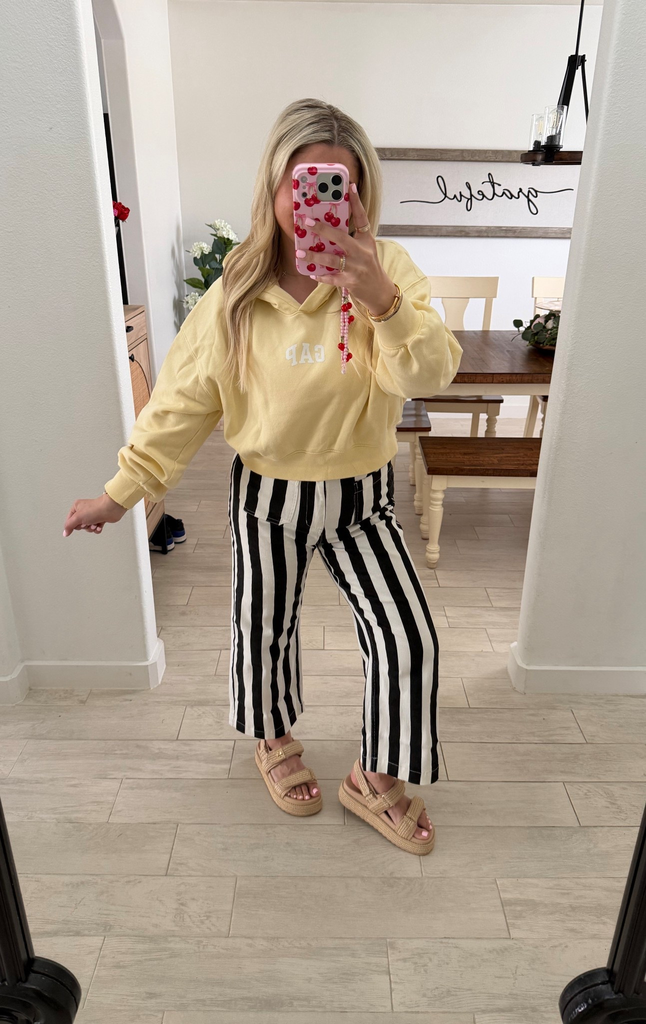 Spring outfit
So fun and cute! 
Small hoodie
Striped jeans size 4
Sandals up 1/2 a size 

#LTKootd