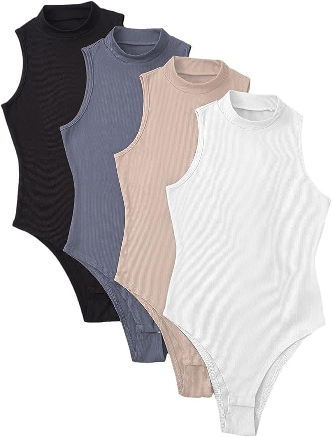 MakeMeChic Women's Plus Size 4pcs Mock Neck Sleeveless Ribbed Knit Bodysuit Pack | Amazon (US)