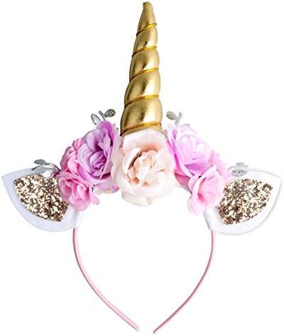 Unicorn Headband Gold Horn for Unicorn Party Supplies Flowers Cat Ear Head Bands by AHIER (Unicorn H | Amazon (US)