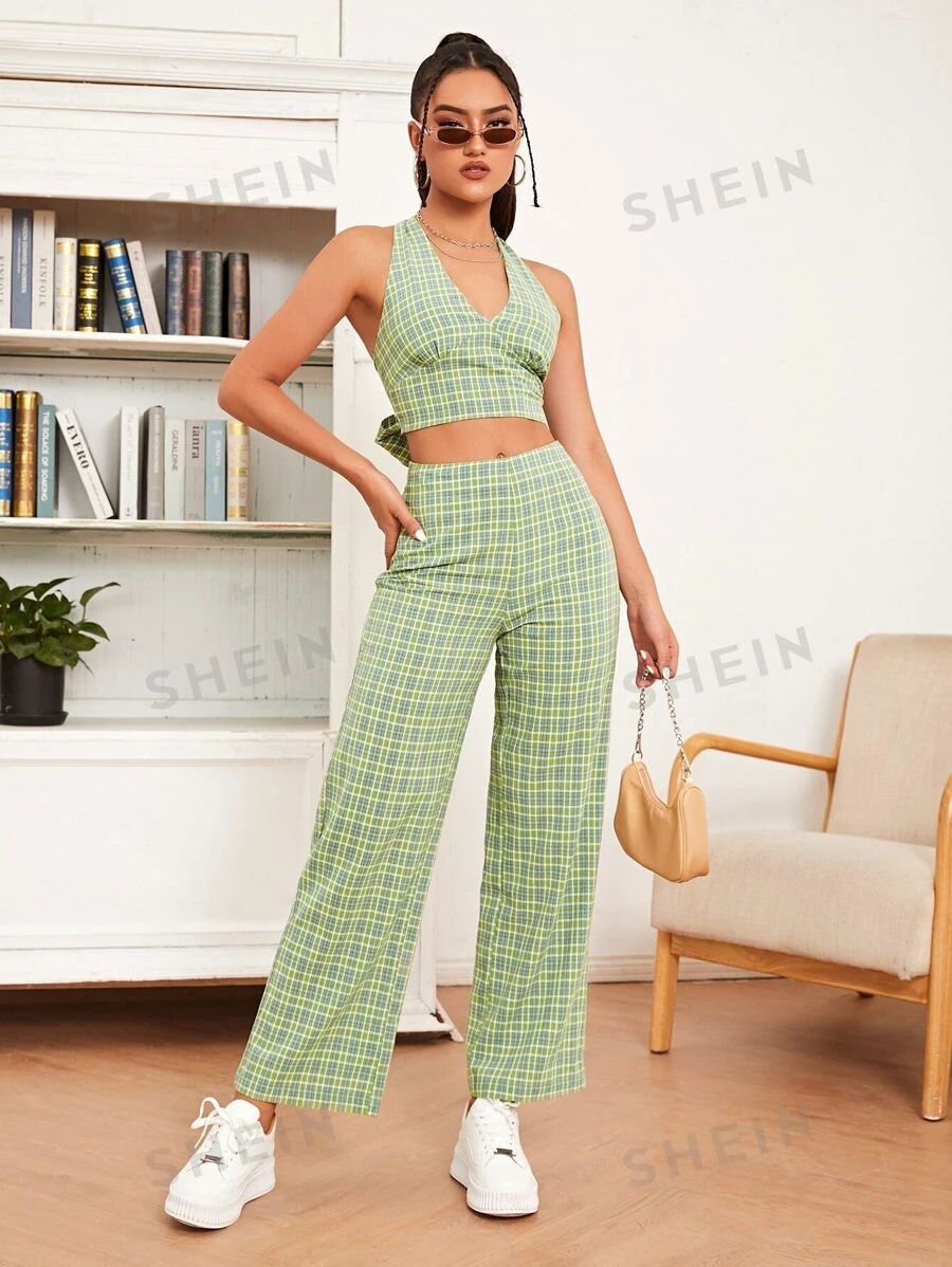 SHEIN EZwear Plaid Print Tie Backless Halter Top and Pants Set | SHEIN