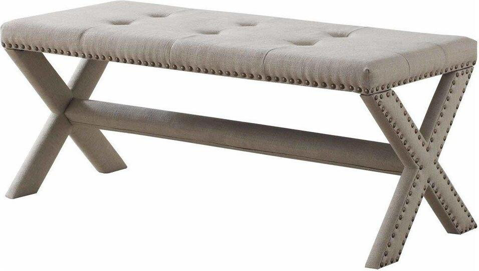 Fabric Upholstered Rectangular Accent Bench In Natural And Nail Heads | 1stopbedrooms