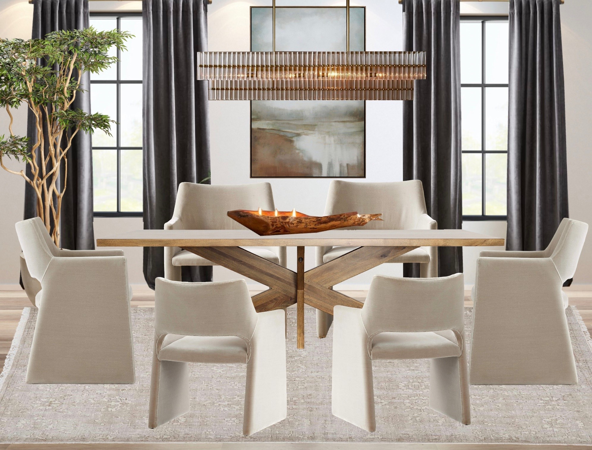 ✨ Dining dreams, unlocked ✨
Modern elegance with cozy comfort. A warm wood table anchors the space, while soft neutral chairs invite everyone to linger a little longer. The statement chandelier and layered artwork bring sophistication, and the flowing drapes frame the room with timeless style.

Perfect for gatherings, work-from-home moments, or simply enjoying a quiet dinner, this design proves dining spaces can be both functional and beautiful.

Ready to transform your dining room into a cozy yet elevated retreat? Send us a message to get a custom design made just for you!

www.missiondecor.space

#LTKHome #LTKStyleTip #LTKSaleAlert