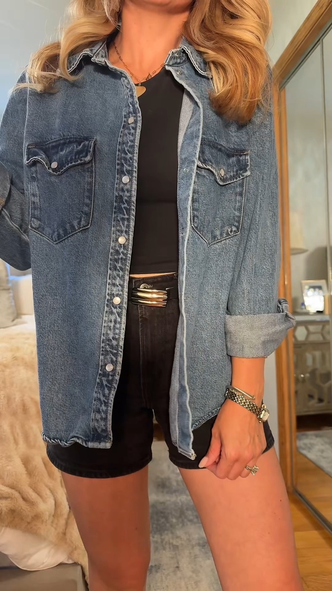 Denim shirts are my go to wardrobe staple! I always size up 2 for a shacket look! These tanks give a bodysuit look without the snaps, great basics!
Shacket (L)
Tank (S)
Shorts (27)
Belt (S)
Heels (size up 1/2-1 size!)

OOTD fall style transition mom life denim shirt black denim belt mules kitten heels inspo

#LTKFindsUnder50 #LTKFindsUnder100 #LTKStyleTip