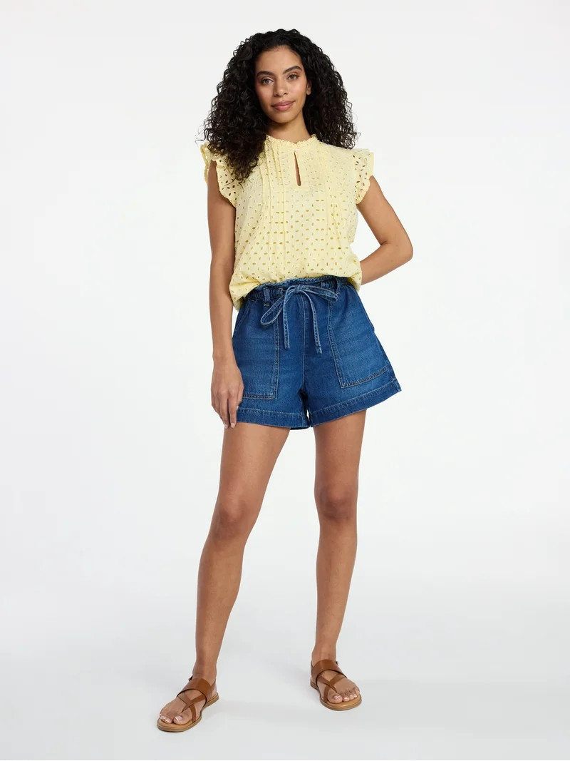 Time and Tru Women's Cotton Eyelet Top with Short Flutter Sleeves, Sizes XS-XXXL | Walmart (US)