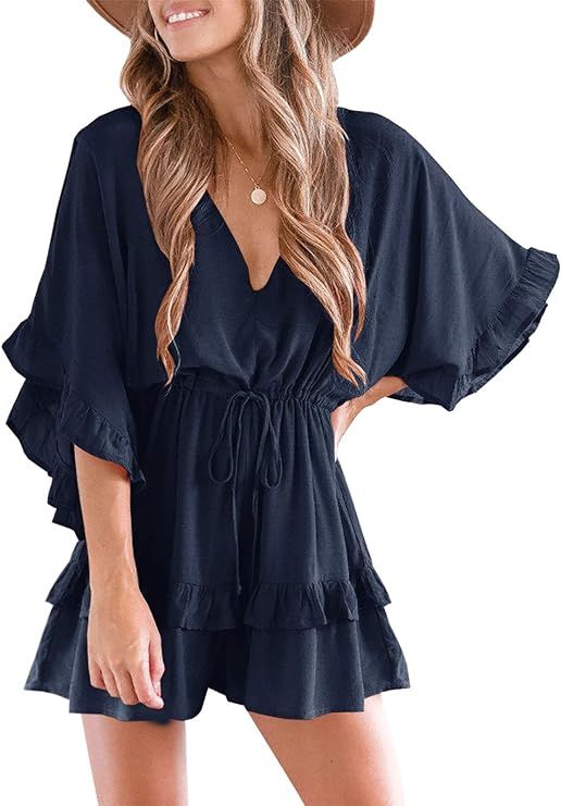 Valphsio Womens V Neck Beach Romper Ruffle Layered Drawstring Waisted Shorts Jumpsuit | Amazon (US)