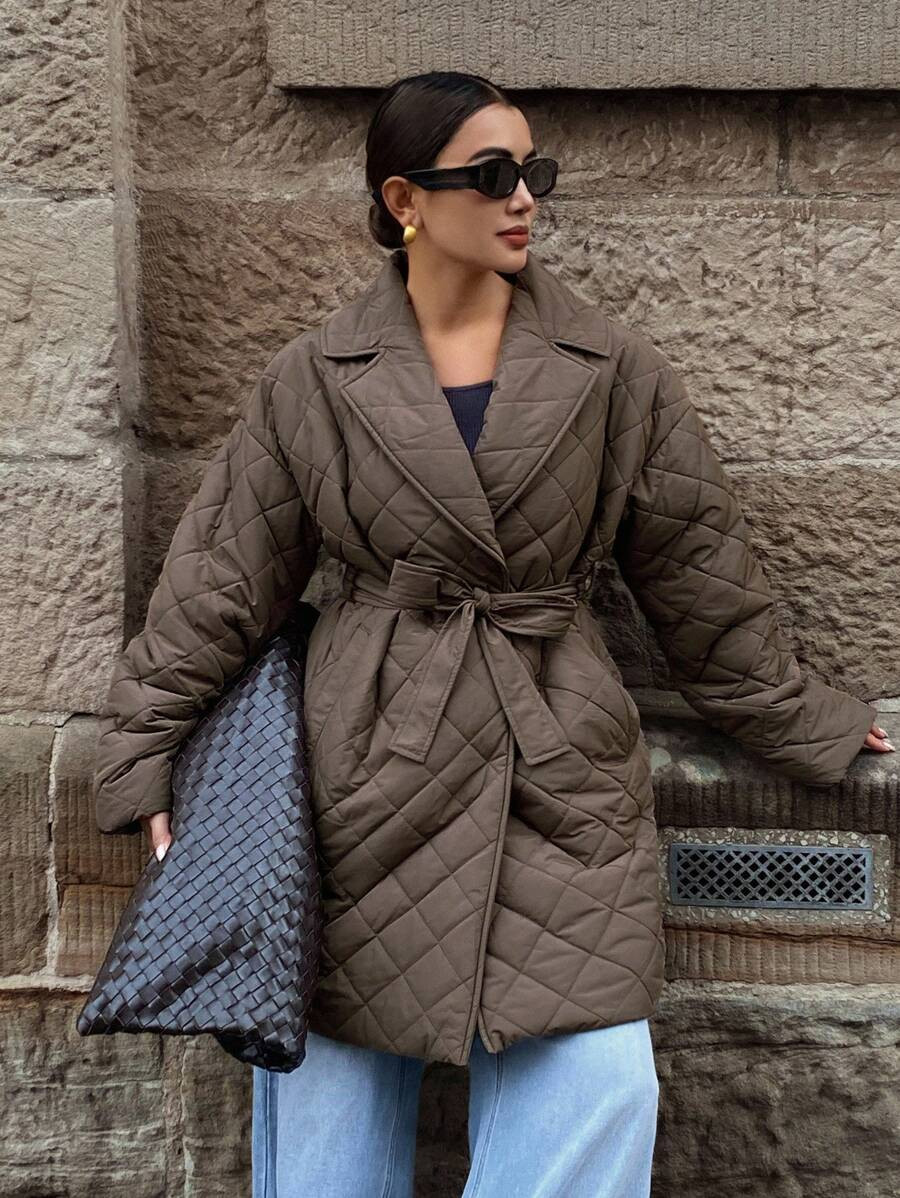 DAZY Women's Loose Fit Diamond Pattern Waist Band Long Sleeve Casual Vintage Thick Padded Coat, A... | SHEIN