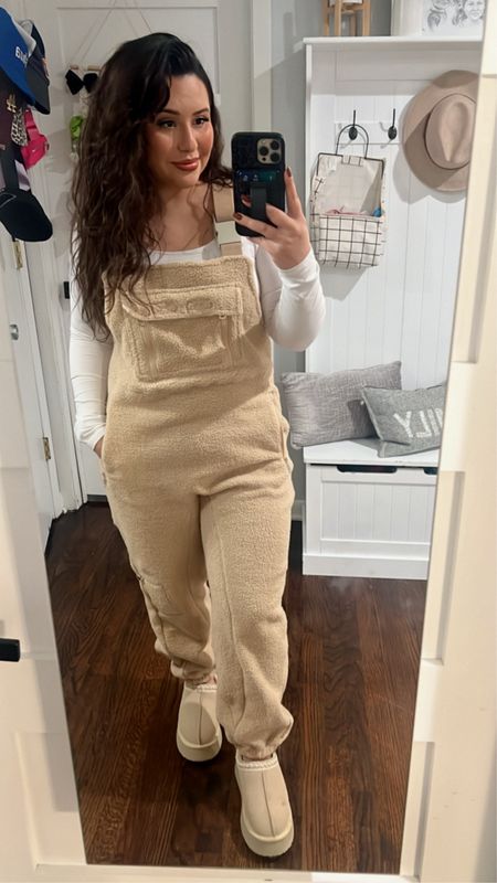 Fuzzy overalls I got a medium but it runs big I could’ve done a small but definitely and these slippers are so fun and TTS 

#LTKMostLoved #LTKmidsize #LTKstyletip