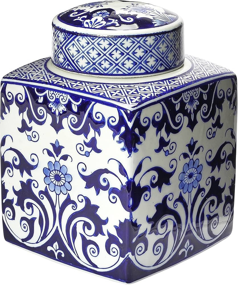 Creative Co-Op Decorative Square Ceramic Ginger Jar with Lid for Small Spaces, Blue and White, Fl... | Amazon (US)