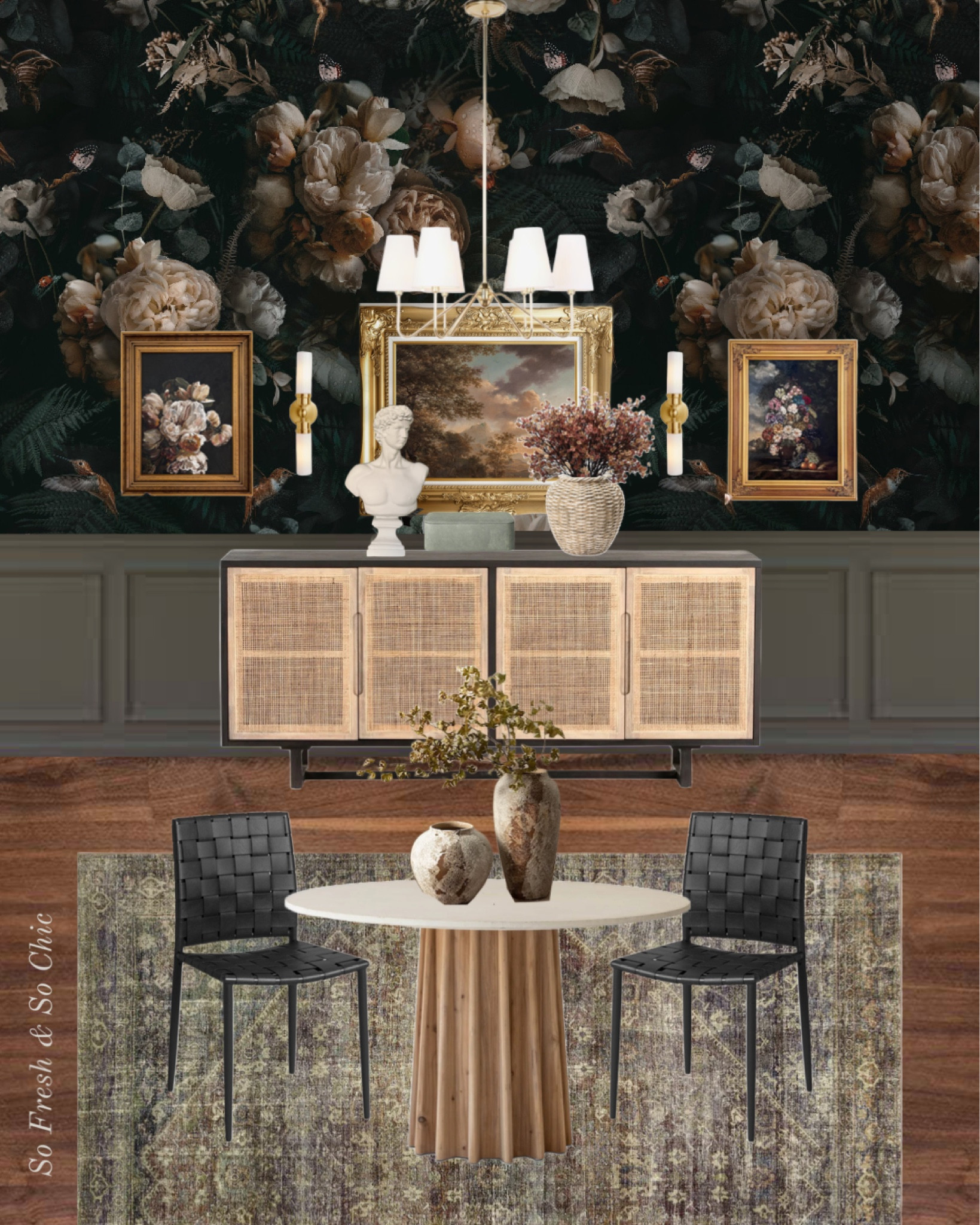 New Romantic dark dining room mood board.
Etsy - Rejuvenation - Lulu and Georgia - Target Threshold - Amber Lewis Loloi rug Morgan - large white Grecian bust of David - dark floral wallpaper - cane and black wood sideboard - white shade chandelier - minimalist wall sconces white and gold - vintage floral oil painting art - digital printable art - affordable art - dark academia dining room decor - round dining table with wood pedestal base - pedestal dining table - faux silk flower stems - vintage ceramic vases - McGee & Co vase - Studio McGee - dining room sale - traditional rug - black leather dining chairs - ornate gold frames 

#LTKsalealert #LTKFind #LTKhome