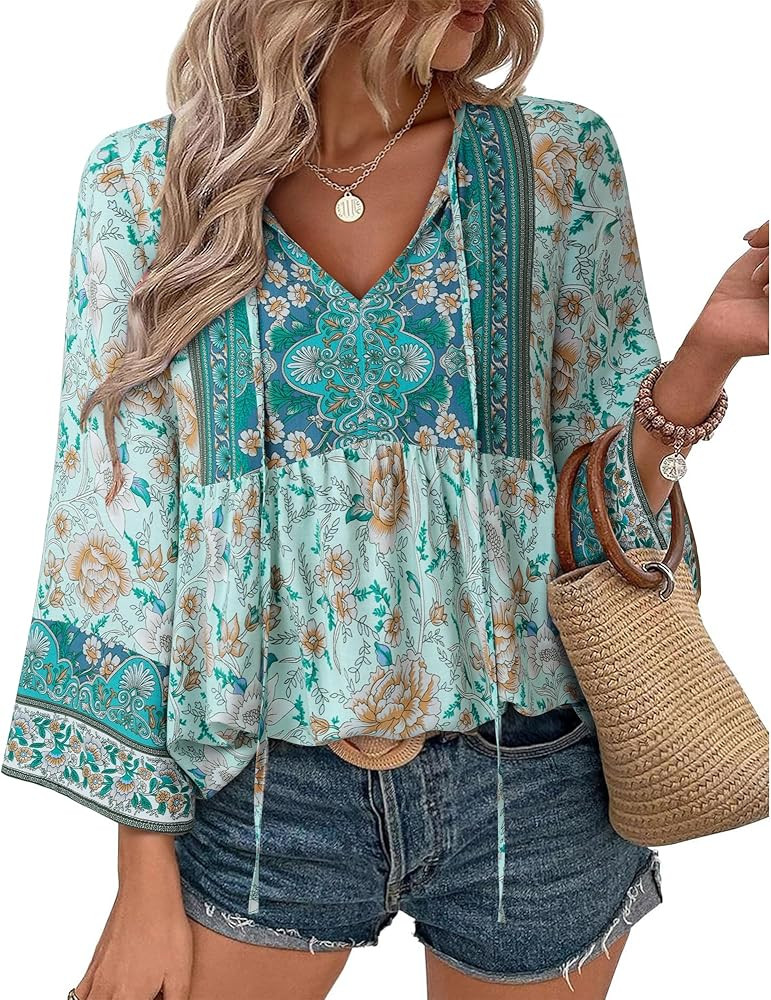Unixseque Summer Boho Womens Tops Floral Print Dressy Casual V-Neck Tie Front Trendy Fall 3/4 Sle... | Amazon (US)