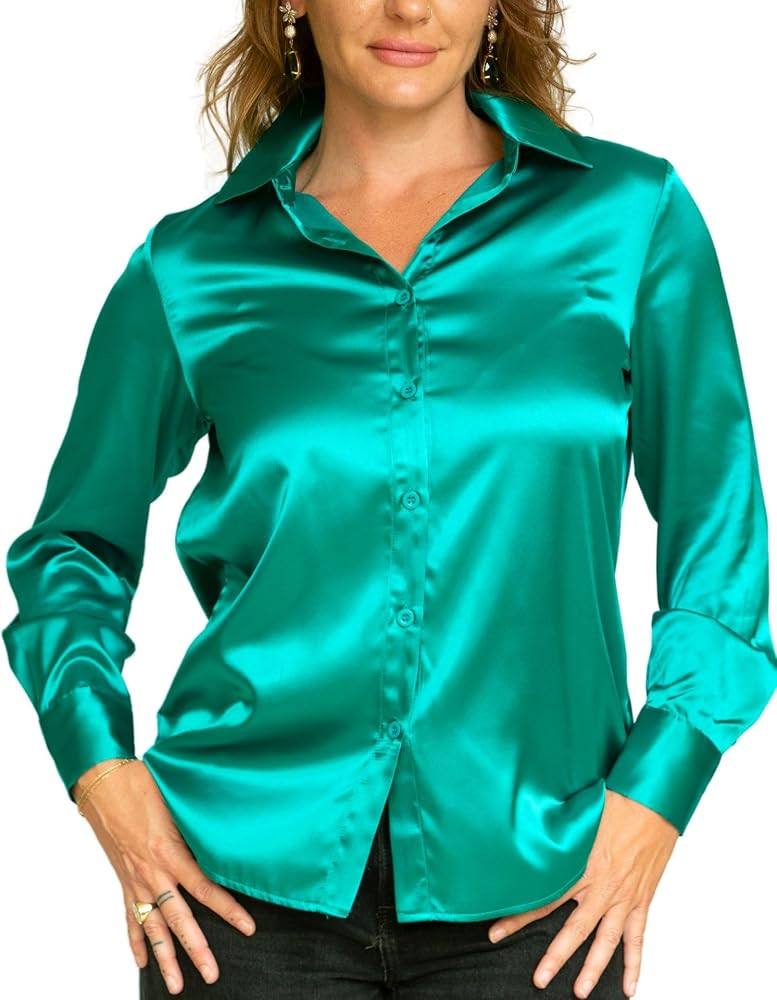 Amazon.com: UWRAPT Satin Blouse for Women \u2013 Kelly Green Holiday Top, Dressy Casual Button Down Shirt (Small) : Clothing, Shoes & Jewelry | Amazon (US)