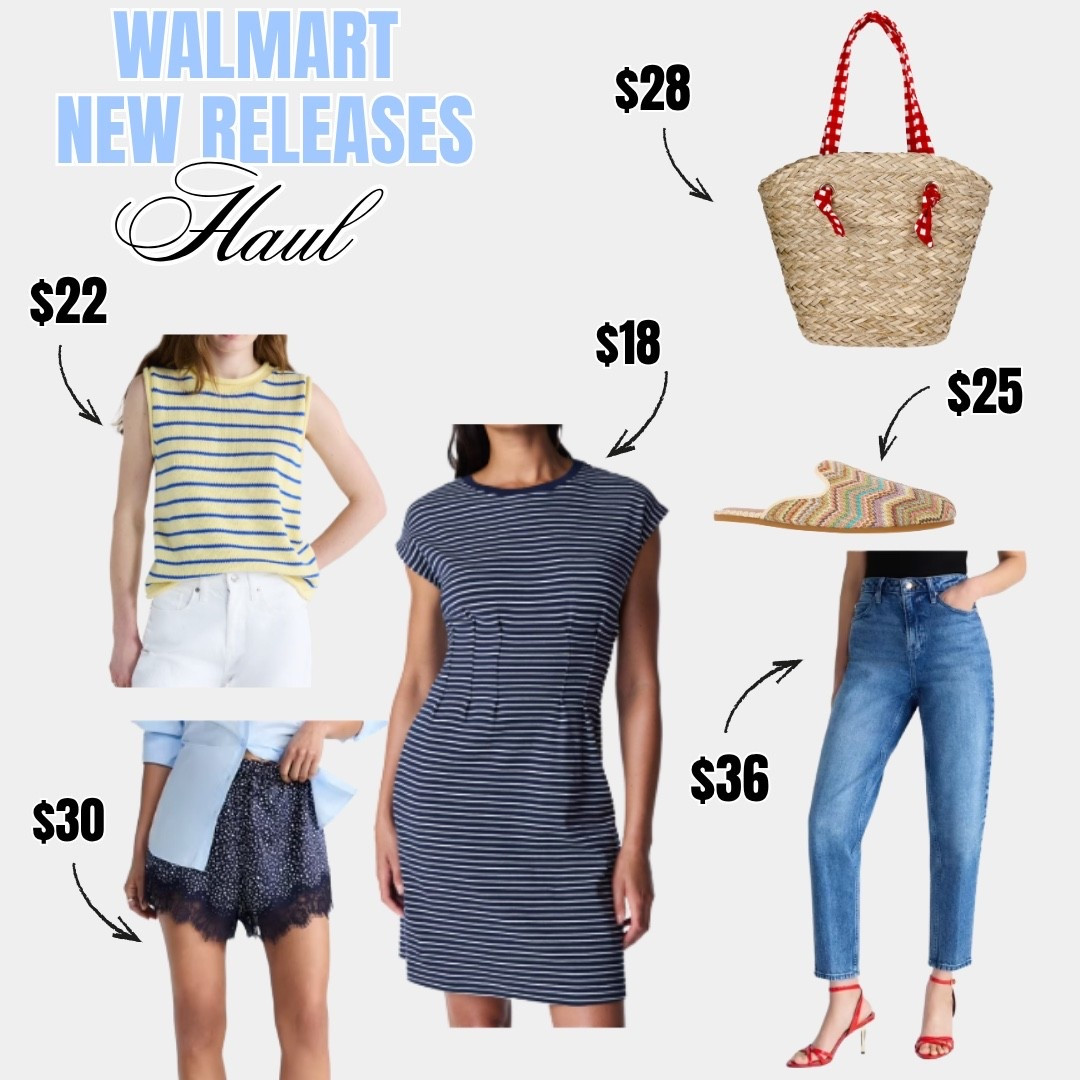 Walmart new releases are here and they are everything 🙌✨ Yellow striped knit tank, navy lace trim shorts, navy striped t-shirt dress, raffia tote with red polka dot handles, woven mule slides, and straight leg jeans — all new and all so affordable. These are going to sell out fast so grab them while you can! Tap to shop every piece 👆

#LTKootd #LTKWorkwear #LTKSeasonal