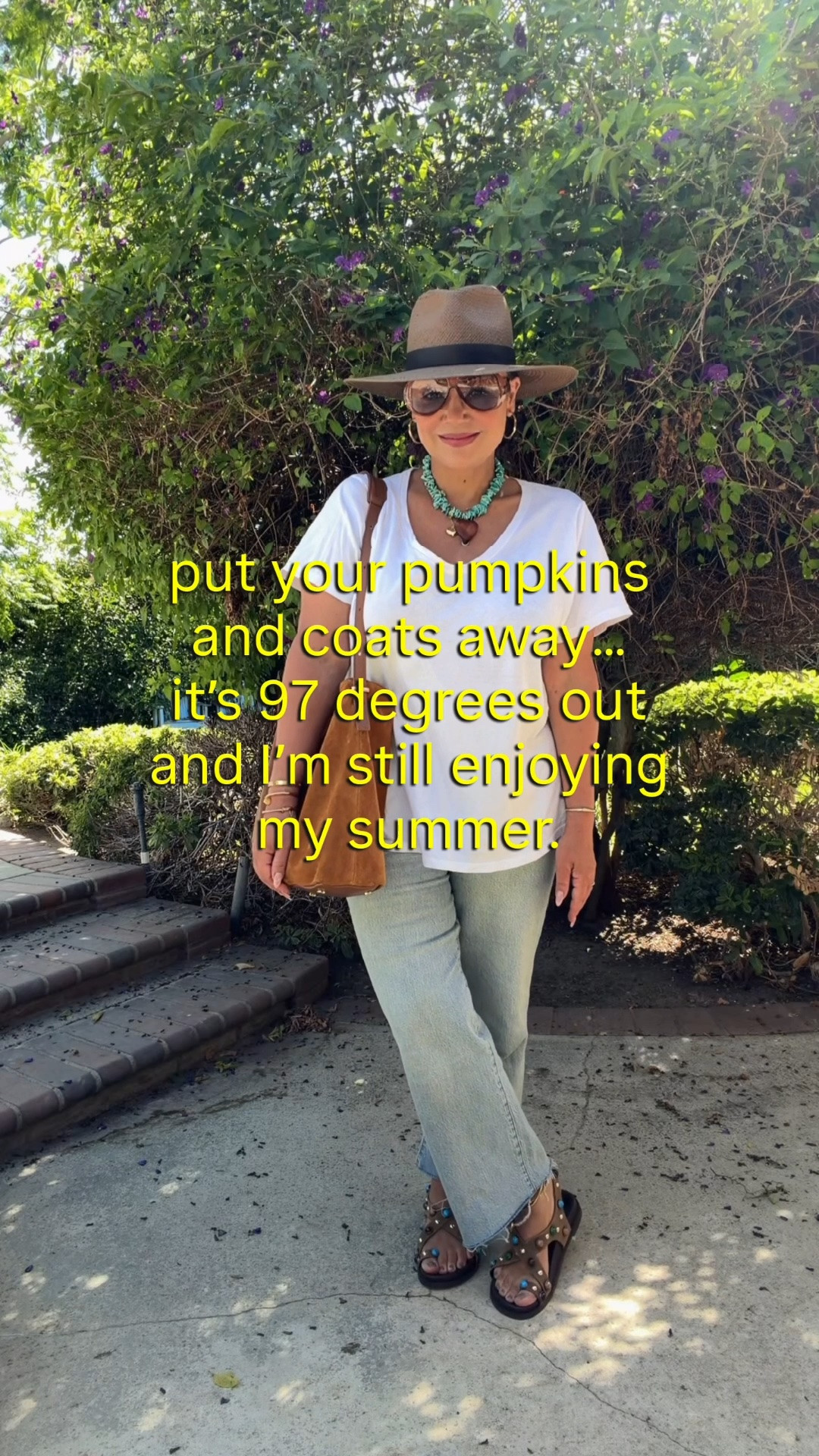 Respectfully, it’s 97 degrees. The pumpkins can wait. 

I’m still dressing for summer, and today’s look starts with one of the best investments you can make in your closet: a great white tee. 🤍

Cropped denim, embellished sandals for a little oomph, a statement necklace, and a hat because we protect the money maker at all costs. 😂

Simple. Easy. And not a fall boot in sight.

I’ll dress for October when October gets here.

#over50 #over50andfabulous #over50style #midlifewomen #womenover50