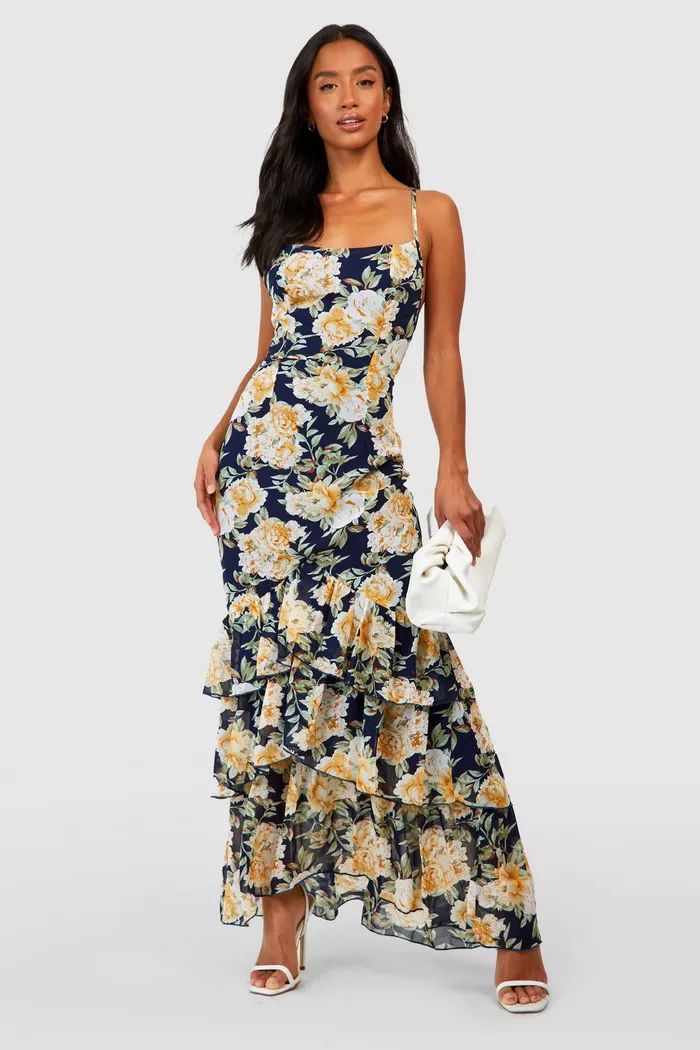Petite Floral Tiered Ruffle Fitted Maxi Dress | boohoo (US & Canada)