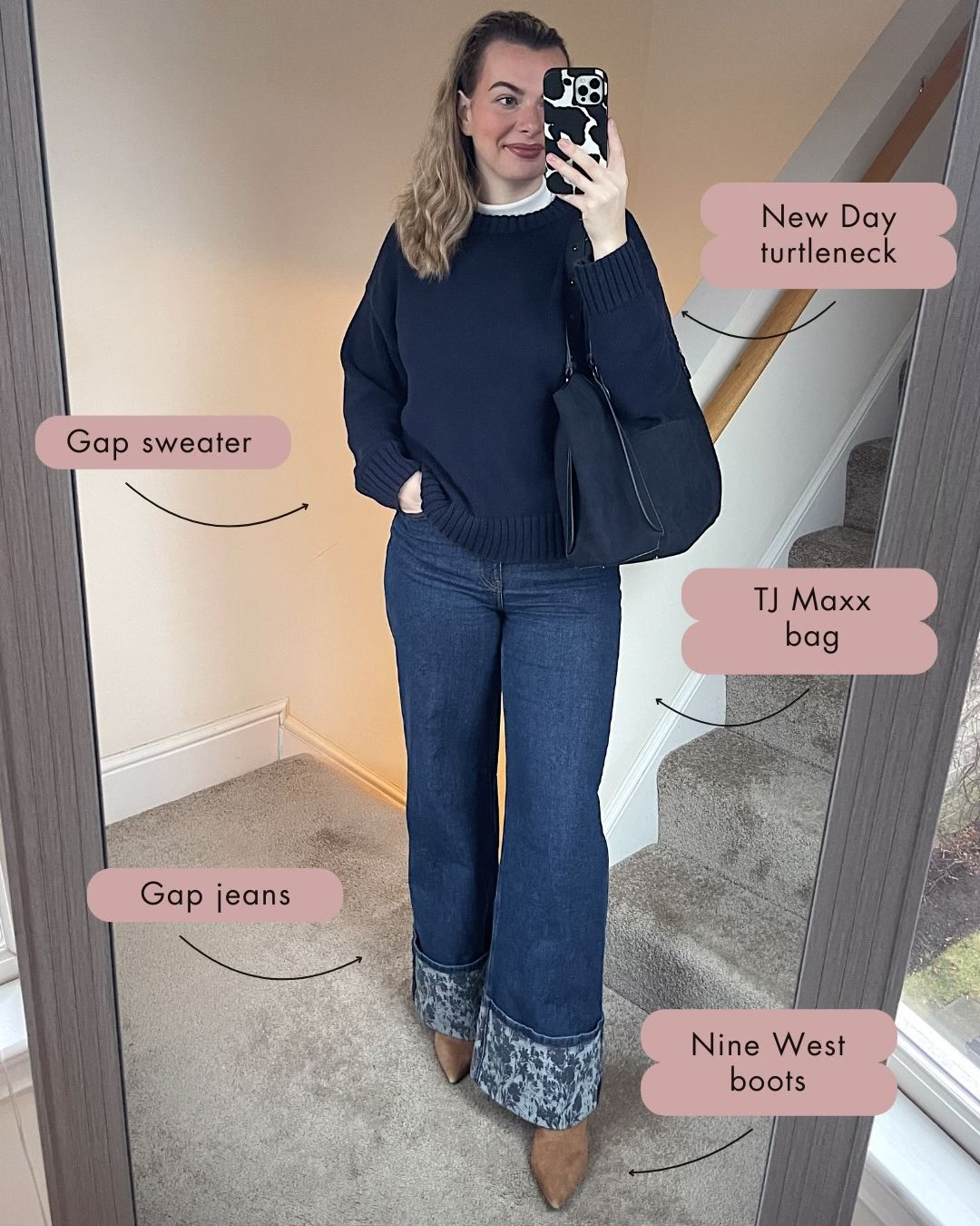 Office outfit idea and business casual outfit idea - white turtleneck, navy sweater, gap jeans and Nine West boots 

#LTKgrwm #LTKdayinmylife #LTKWorkwear