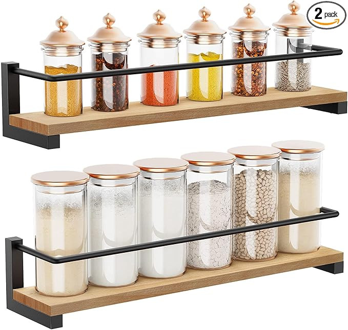 OROPY Spice Rack Wall Mounted, Rustic Wood Hanging Rack for Over The Stove, Kitchen Wall, 2 Pack | Amazon (US)