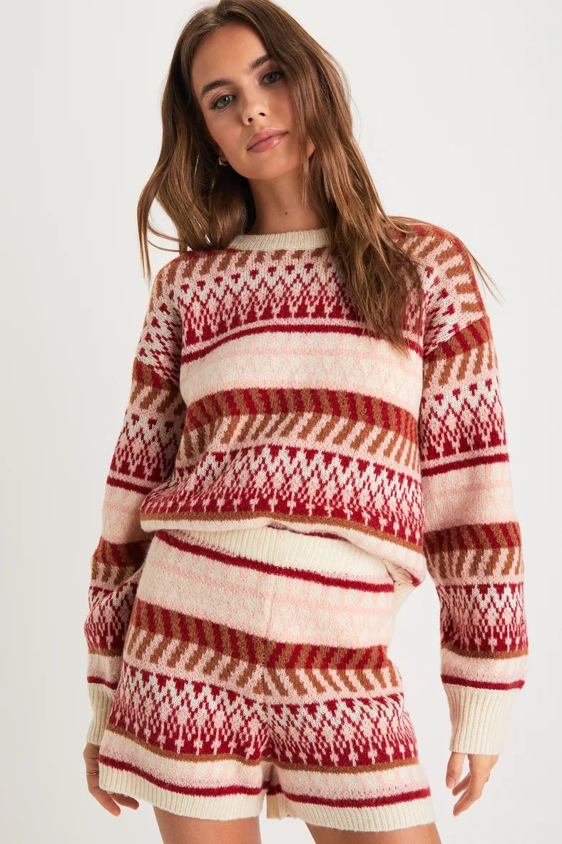 Toasty Moment Cream Multi Fair Isle Knit Sweater Shorts | Lulus (US)
