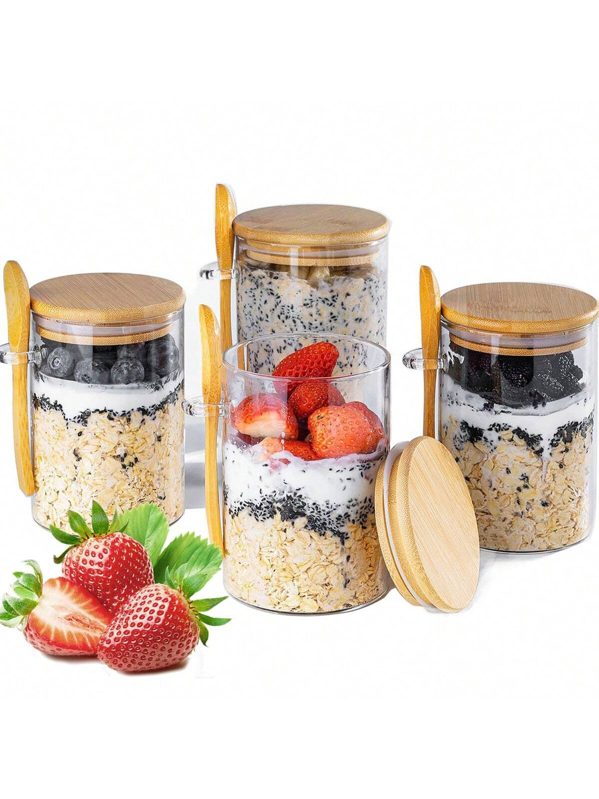 4PCS Glass Food Dispenser With Lid And Spoon, Overnight Oatmeal Jar With Spoon, Chia Seed Pudding... | SHEIN