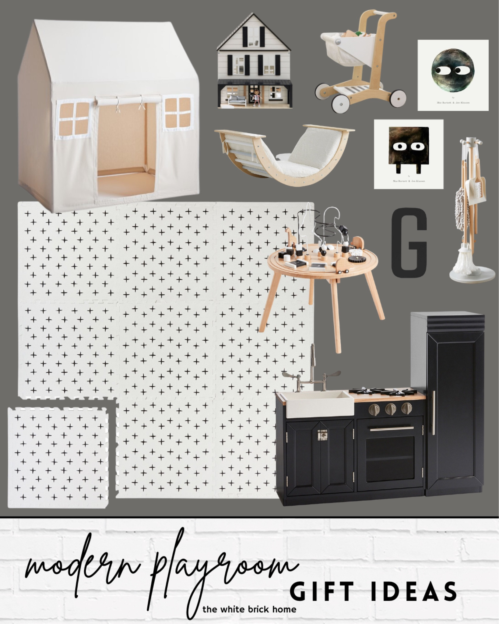 Great holiday gift ideas for toddlers  that are modern and sleek. These foam playmats are great for all ages, and this black kitchen play set is too cute 🖤

Gift guide toddlers, playroom, playroom decor, playroom design, modern, black and white, gift guides for kids, playhouse, play kitchen, pottery barn kids, modern playroom. 

#LTKbaby #LTKkids #LTKGiftGuide