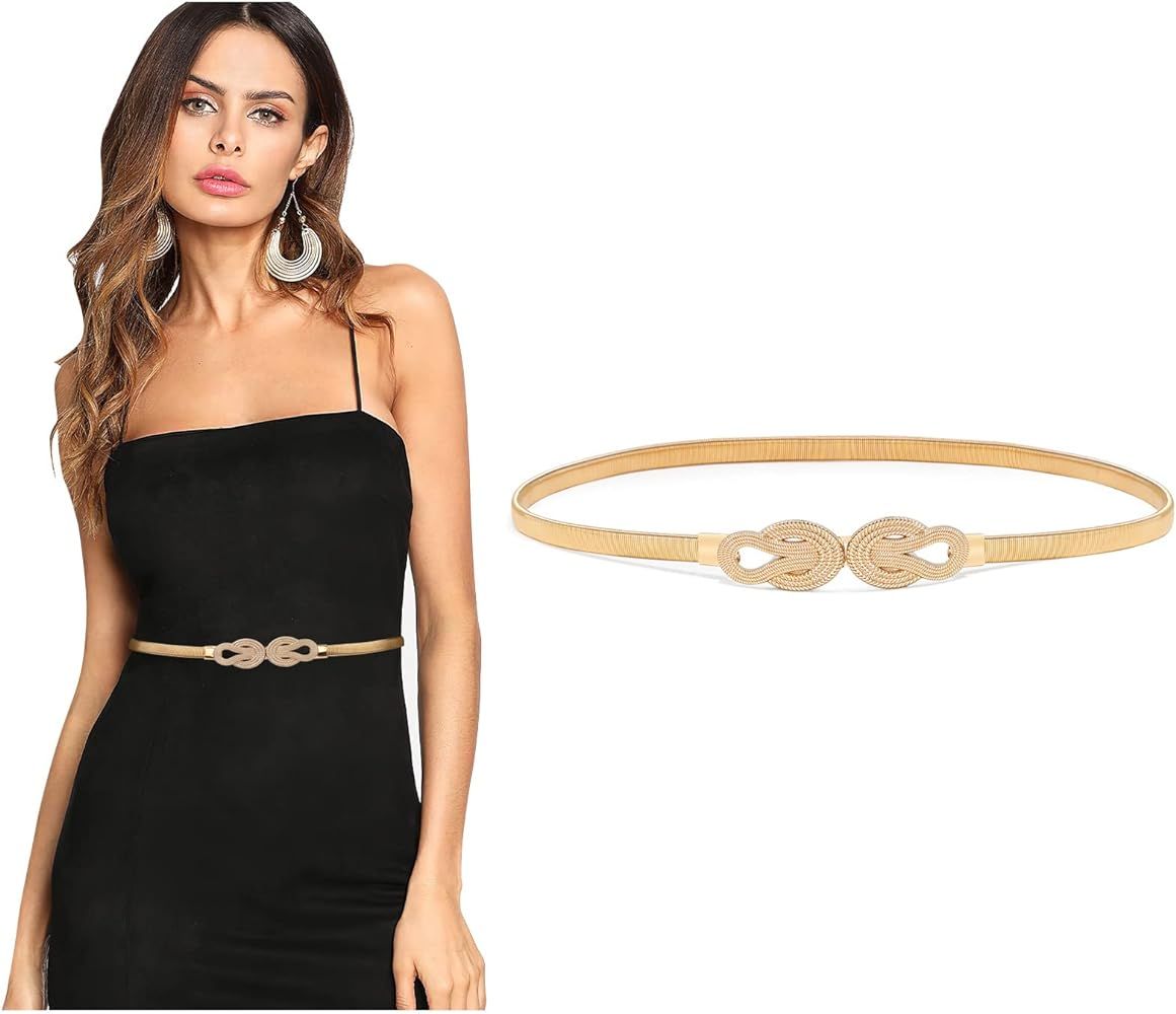 LEACOOLKEY Women Metal Skinny Belt for Dress Gold Elastic Thin Waist Belt Stretch Dress Belt | Amazon (US)