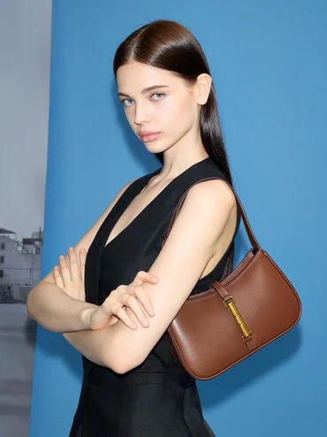 Cesia Metallic-Accent Shoulder Bag
    
         - Chocolate | Charles & Keith UK