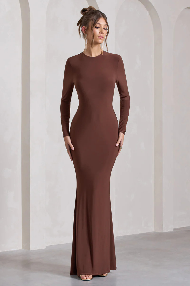 Starring | Chocolate Brown Long-Sleeve Backless Maxi Dress | Club L London