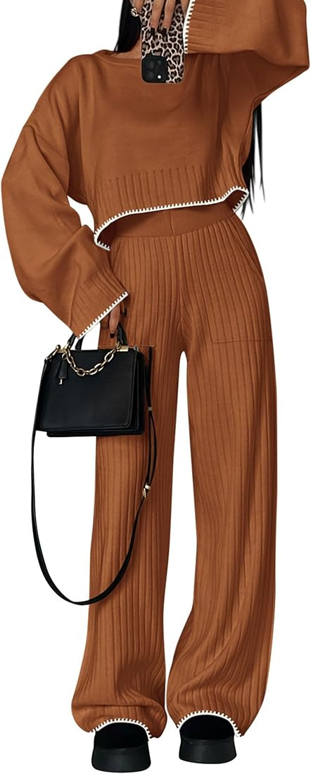 PRETTYGARDEN Women's 2 Piece Fall Outfits Long Sleeve Crop Top Wide Leg Pants Knit Pullover Sweat... | Amazon (US)
