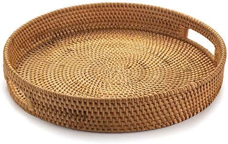 Rattan Round Serving Tray, Hand Woven Serving Basket with Cut - Out Handles, Wicker Fruit/Bread S... | Amazon (US)